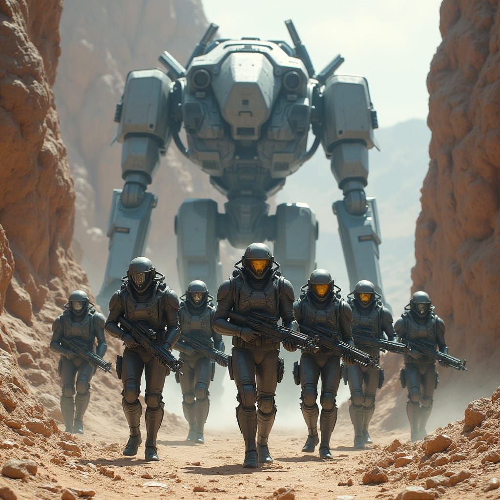 Armored Figures and Mech in Dystopian Landscape