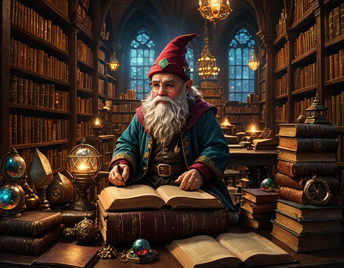 Gnome Scholar in Magical Library: Fantasy Art