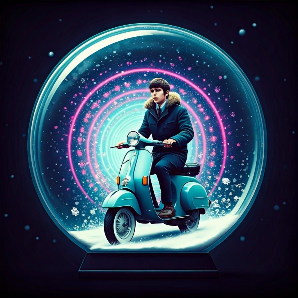 Mod Scooter Rider in Vibrant, Psychedelic Snowglobe Scene