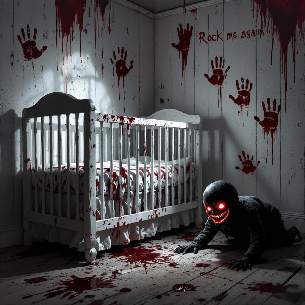 Demonic Nursery Horror Art With Crawling Shadow