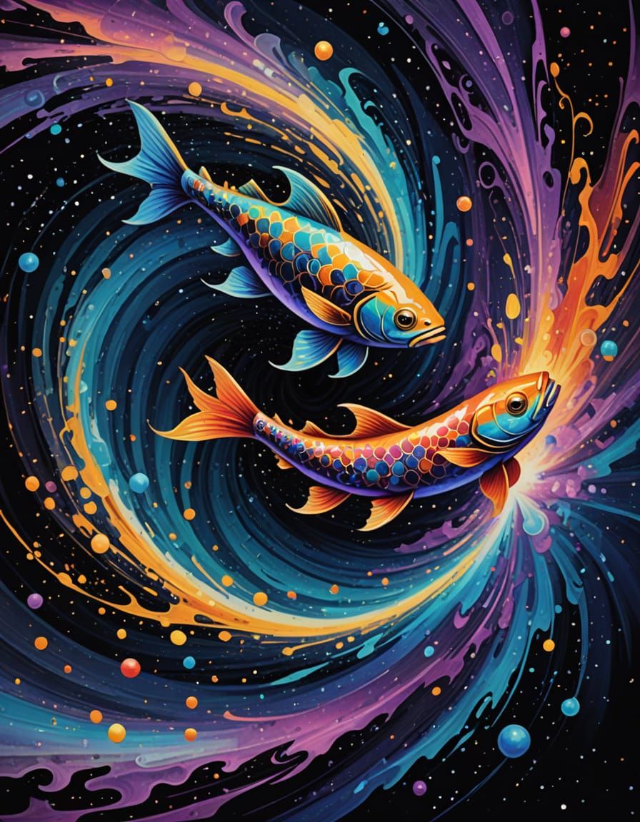 Cosmic Fish Dance in Vibrant Abstraction