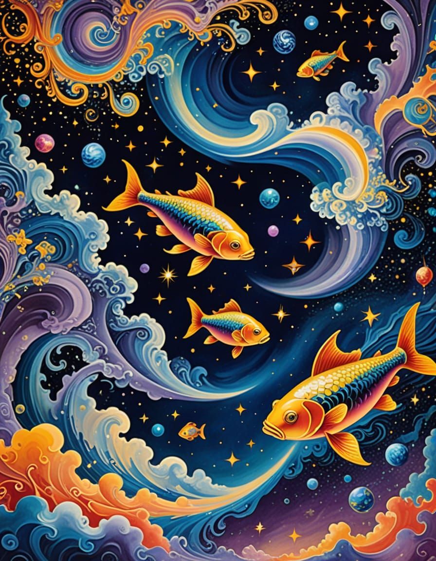Cosmic Fish Dance Amidst Vibrant Astral Abstraction