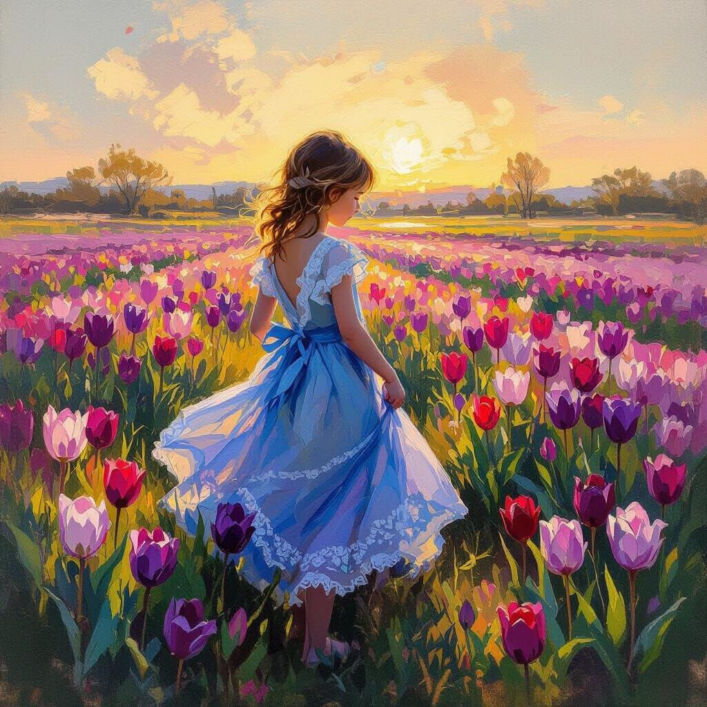 Girl in Blue Dress in Purple Tulip Field at Golden Hour