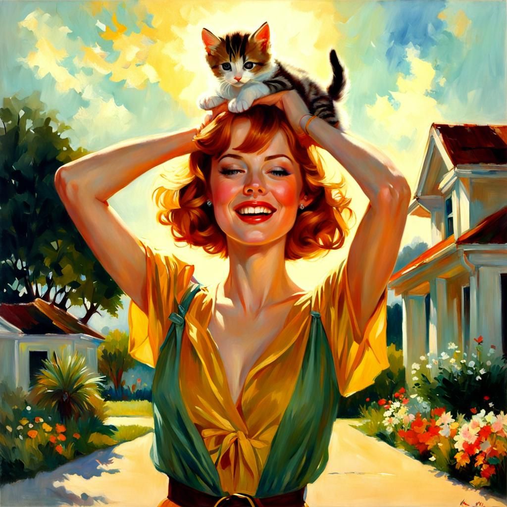 Emma Stone Kitten Portrait as Oil Painting
