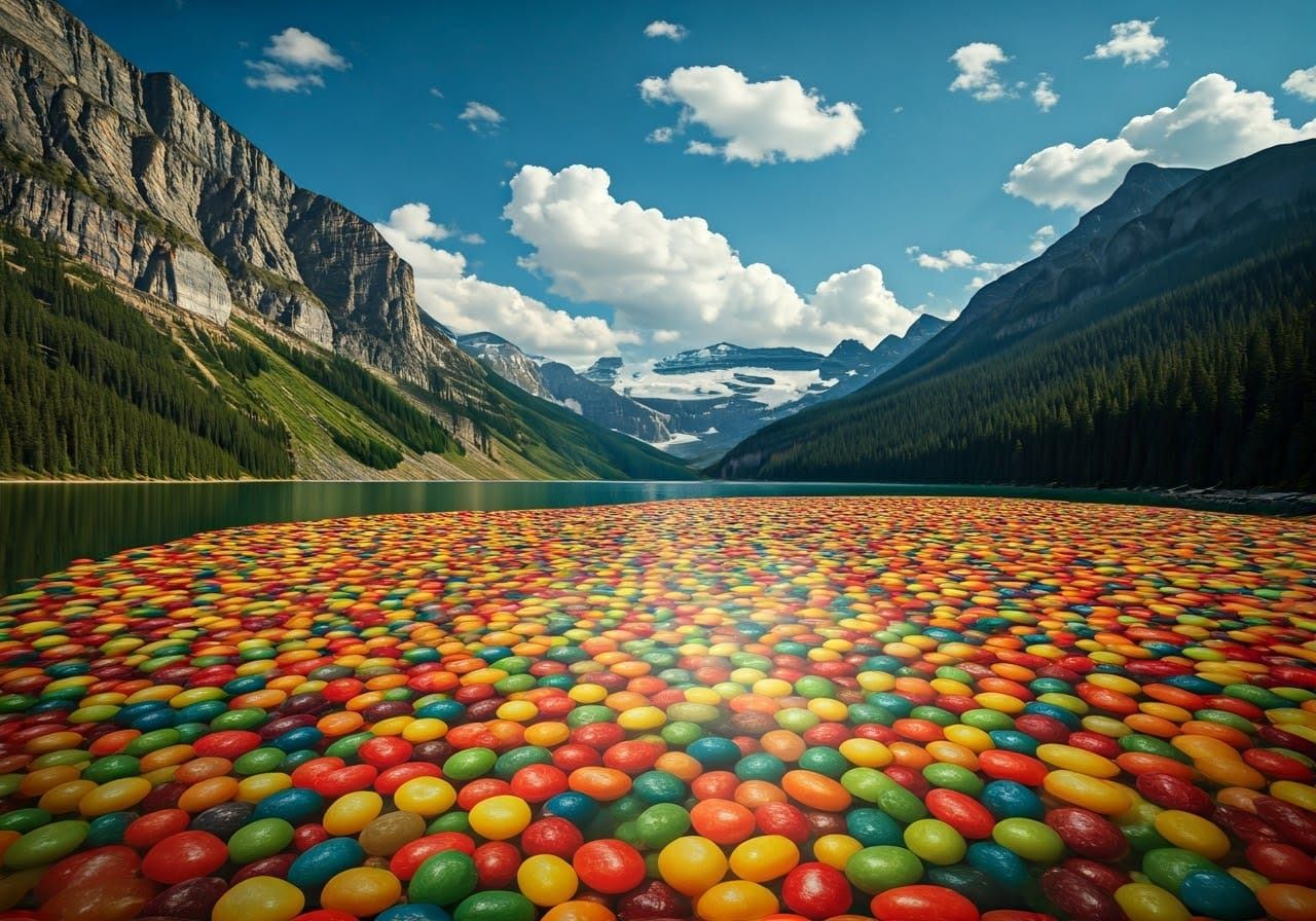 Mountain Lake Filled with Giant Jelly Beans