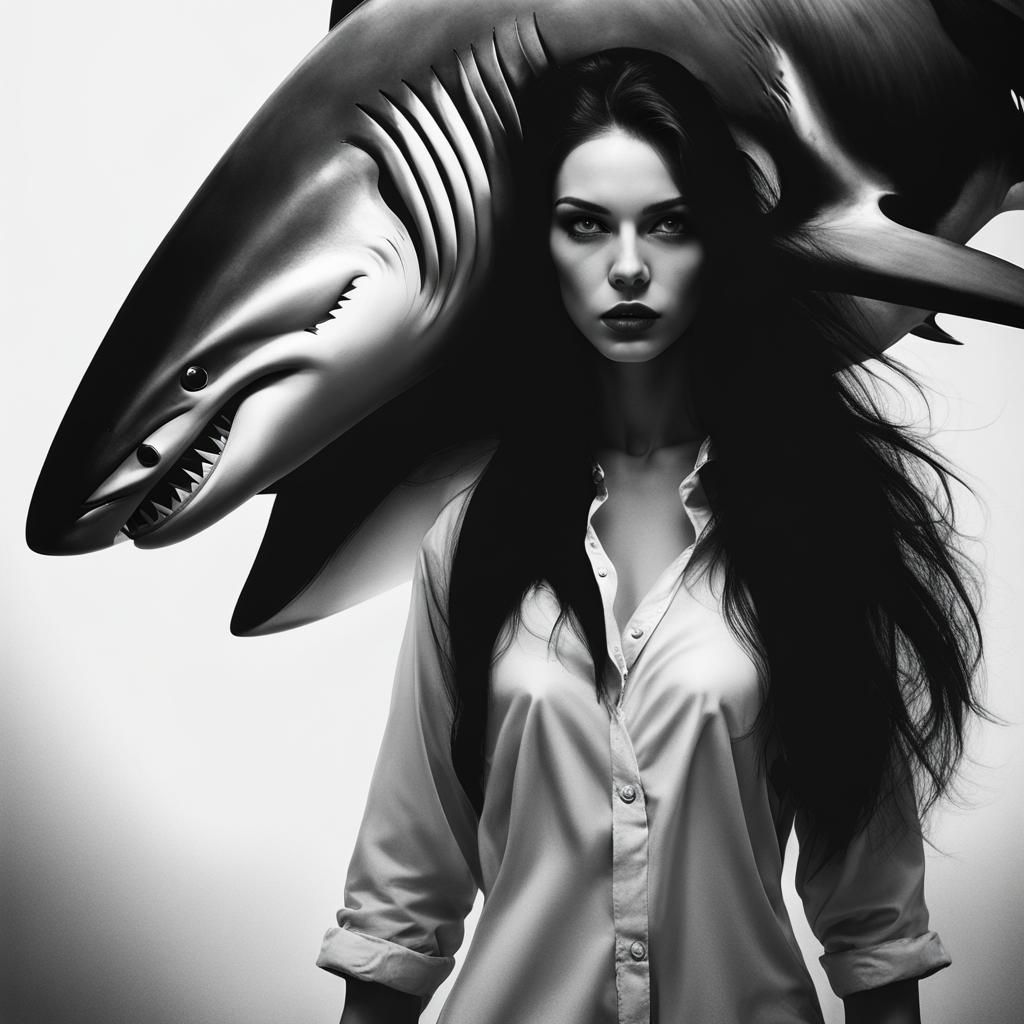 Woman with Shark Head in Sinister Black and White
