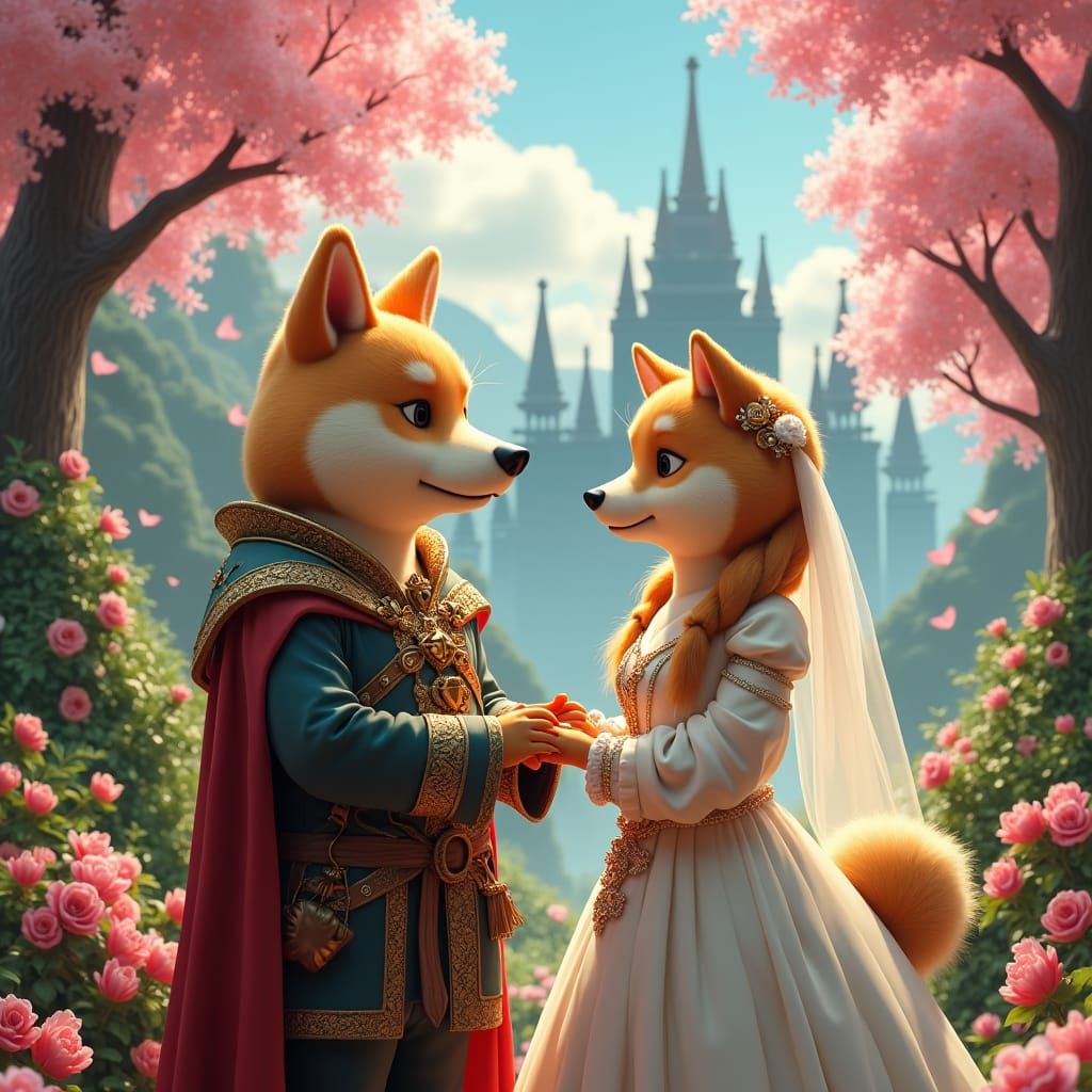Whimsical Dogecoin Wedding in Medieval fantasy Landscapes