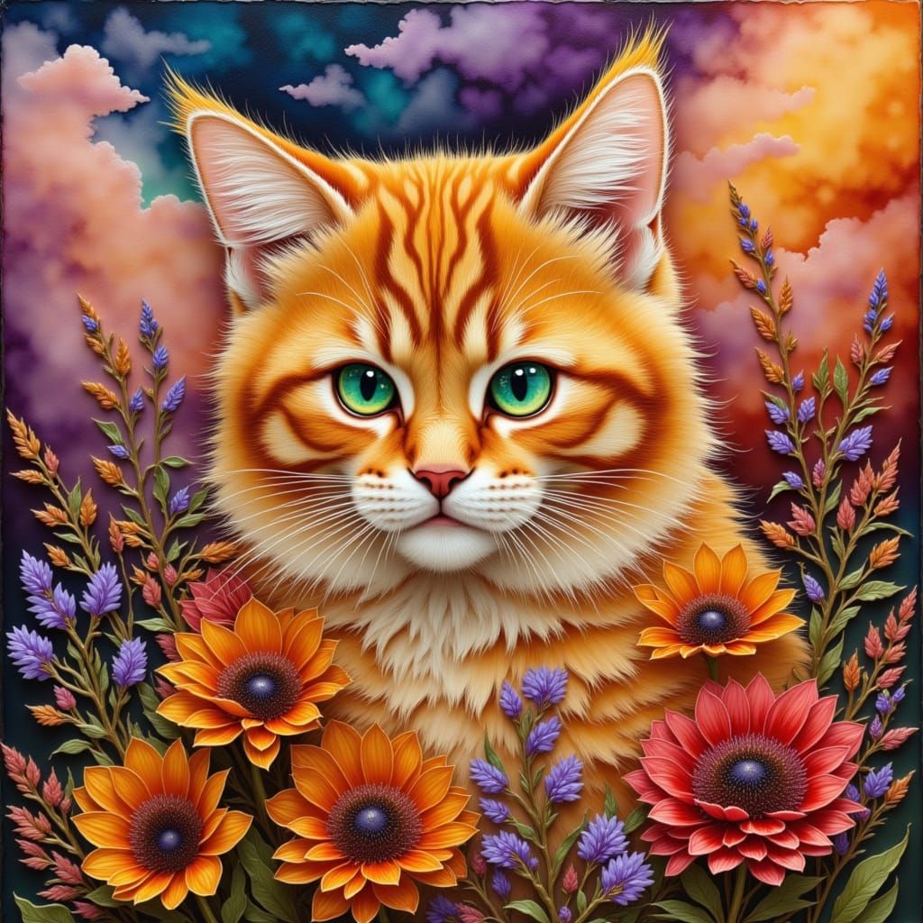 Vibrant Cat Among Flowers in Surreal Sky