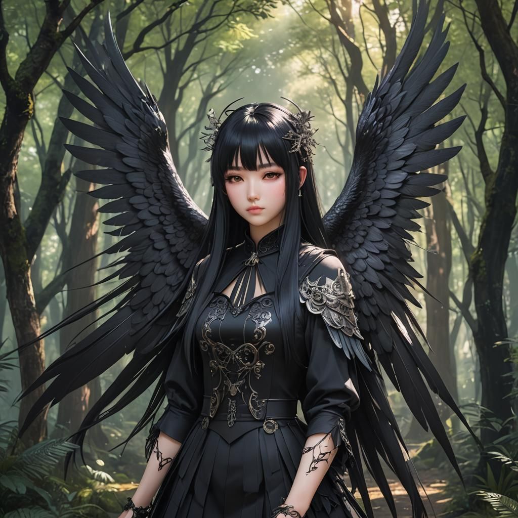 Gothic Anime Girl with Angel Wings in Forest