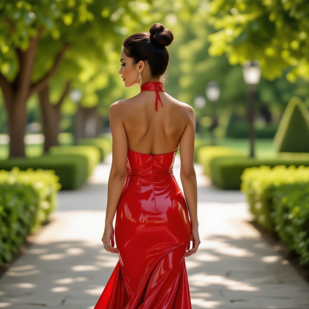 Woman in Red Latex Dress Walks in Sunlit Park