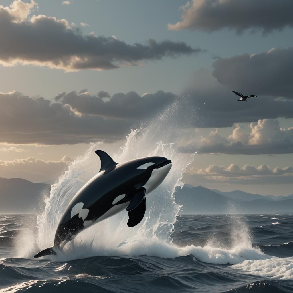Orca Leaps from Ocean: 8K Photorealistic Rendering