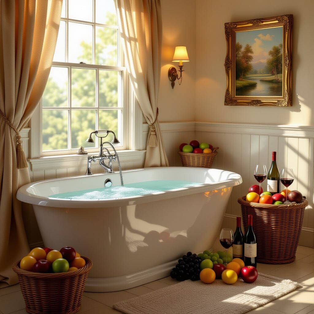 Opulent Bathroom With Ethereal Light and Fruit Display