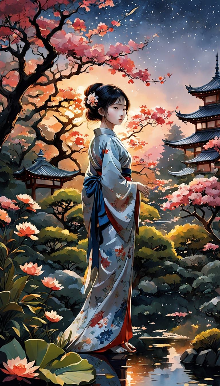 Hyperrealistic Japanese Garden at Sunset in Gouache Style