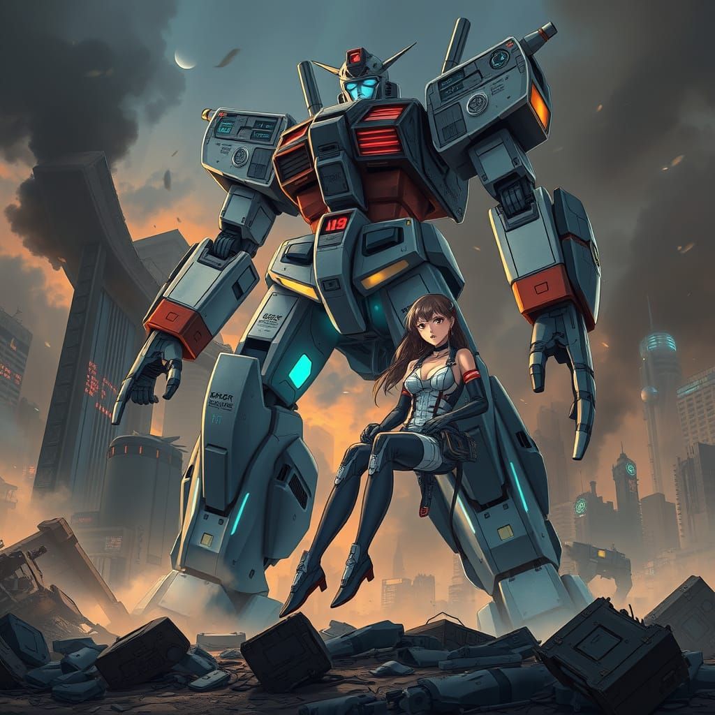 Giant Anime Mecha Warrior Amidst Ruins of Futuristic City