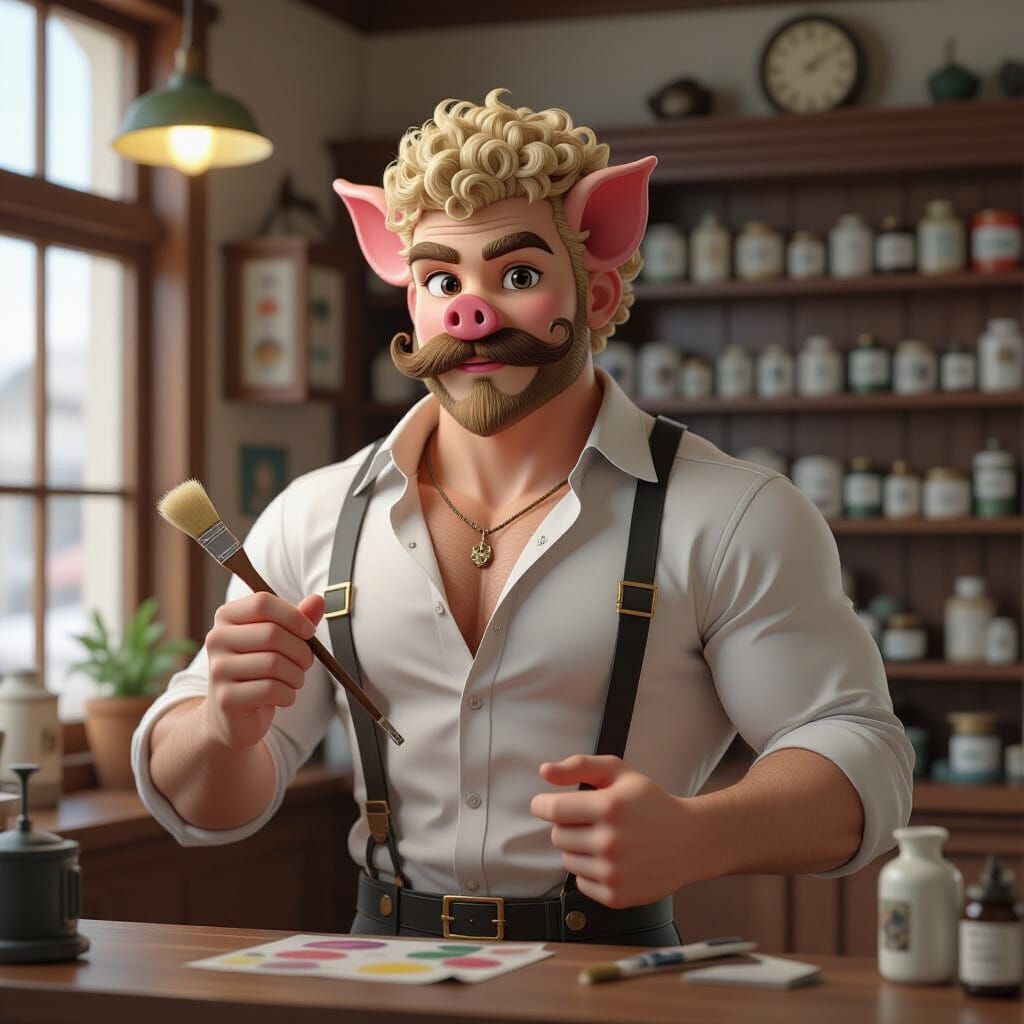 Pig-Headed Man in Pharmacy: 3D Anime Style