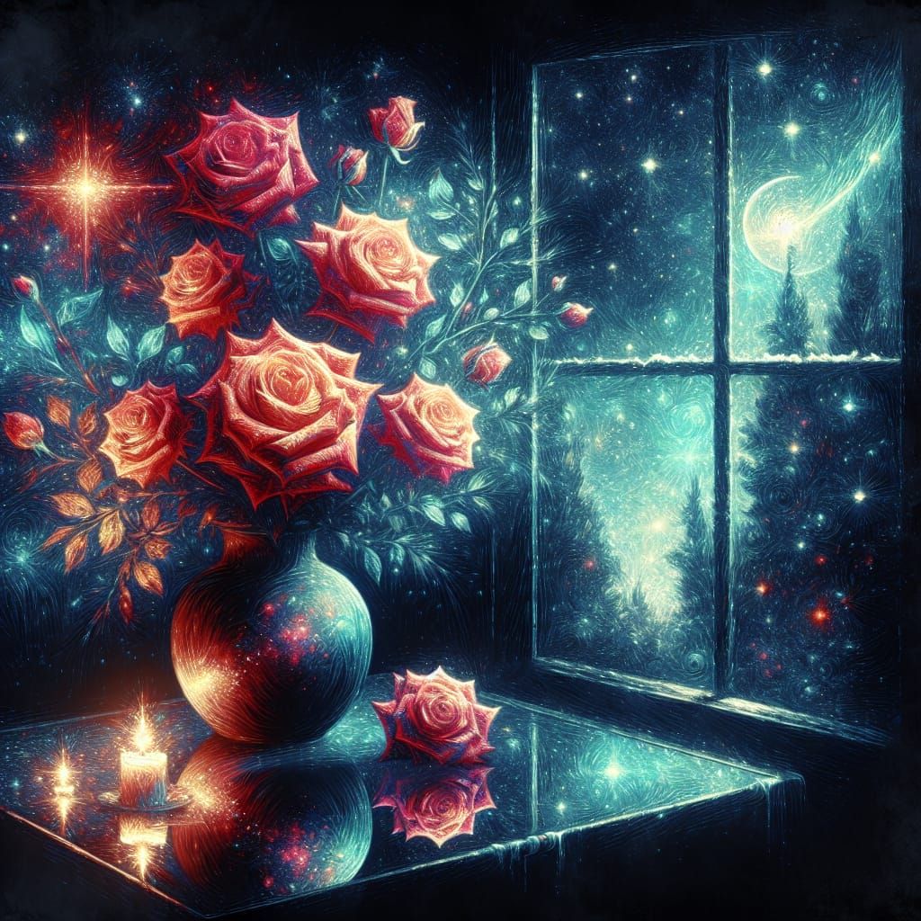 Roses in Cosmic Ink Drawing with Tonalist Style