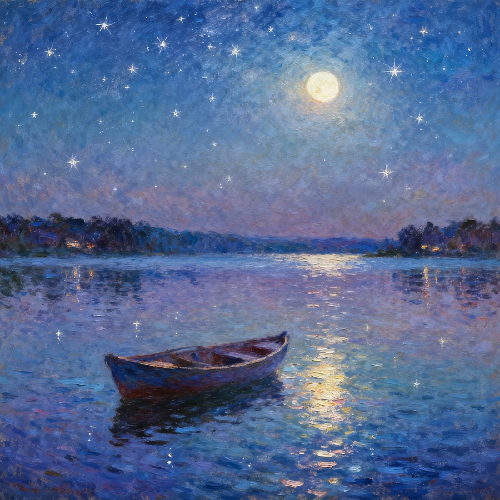 Impressionist Moonlit Lake Scene with Solitary Boat