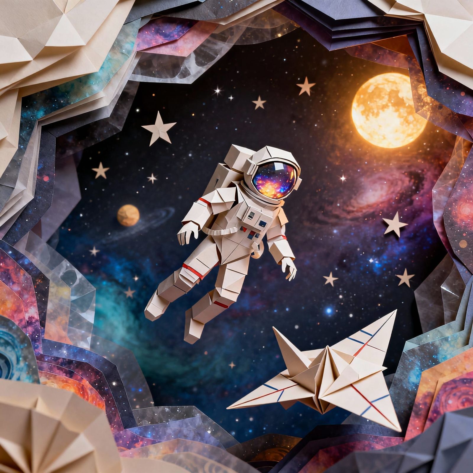 Astronaut Adrift in Papercraft Cosmic Sea