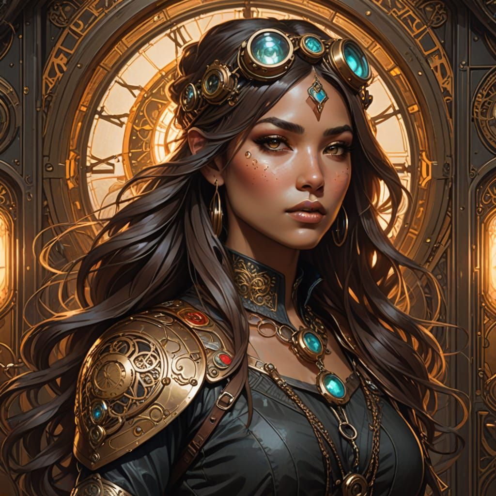 Steampunk Adventurer Rides Horse in Golden Light