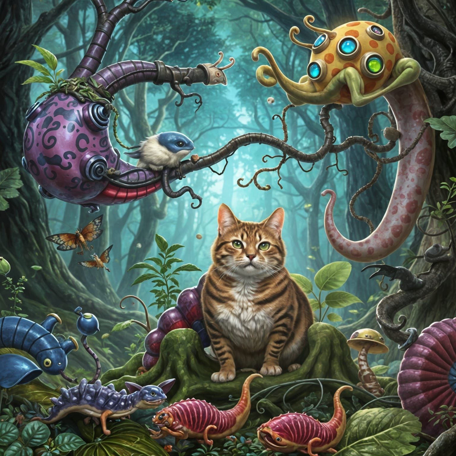 Cat-Slug Hybrid in Psychedelic Sci-Fi Forest