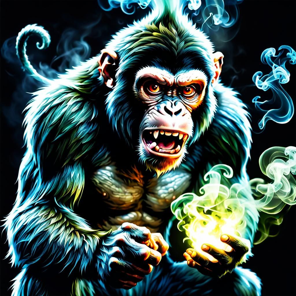 Furious Monkey Monster Emerges from Smoky Lamp