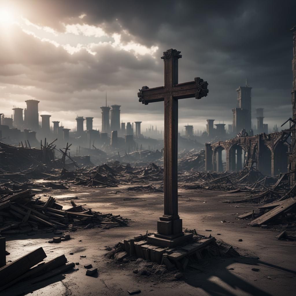 Desolate Wasteland: Wooden Cross in 3D Cinematic Style