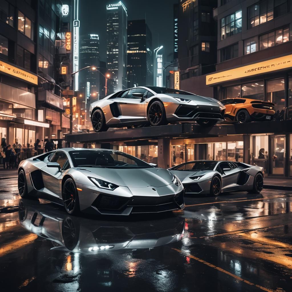 Futuristic Cybertruck and Lamborghini in Neon Cityscape