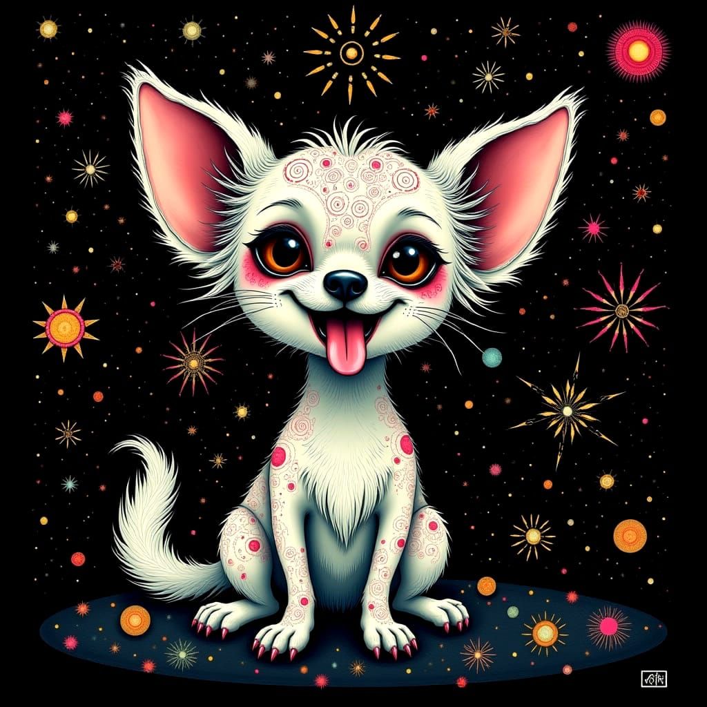 Fantastical Pink Chihuahua Surrounded by Vibrant Fireworks