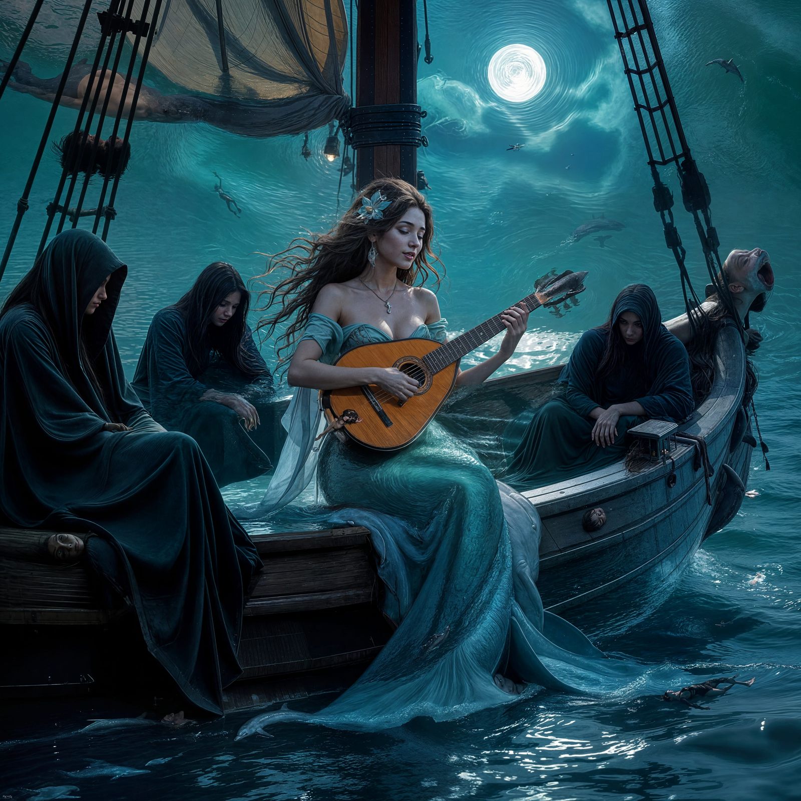 Mermaid Sings to Sleeping Sailors on Ship Deck
