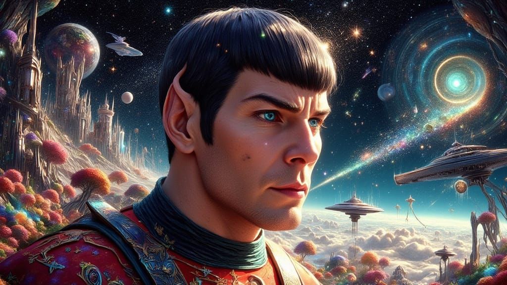 Vibrant Spock in a Cosmic Pop-Up Book Scene