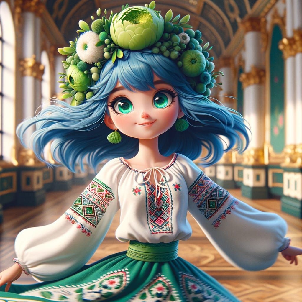 Blue-Haired Girl in Ukrainian Blouse, Animated Style