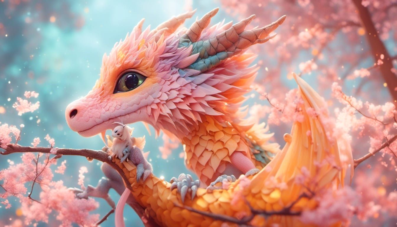 Dreamy Dragon on Branch in Watercolor Style