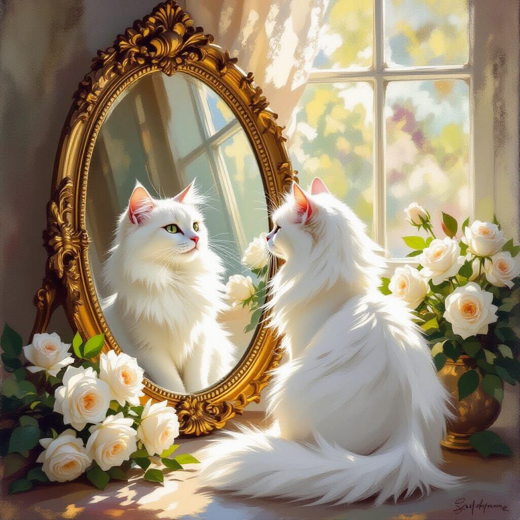 White Cat in Sunlit Mirror Reflection, Elegant Art