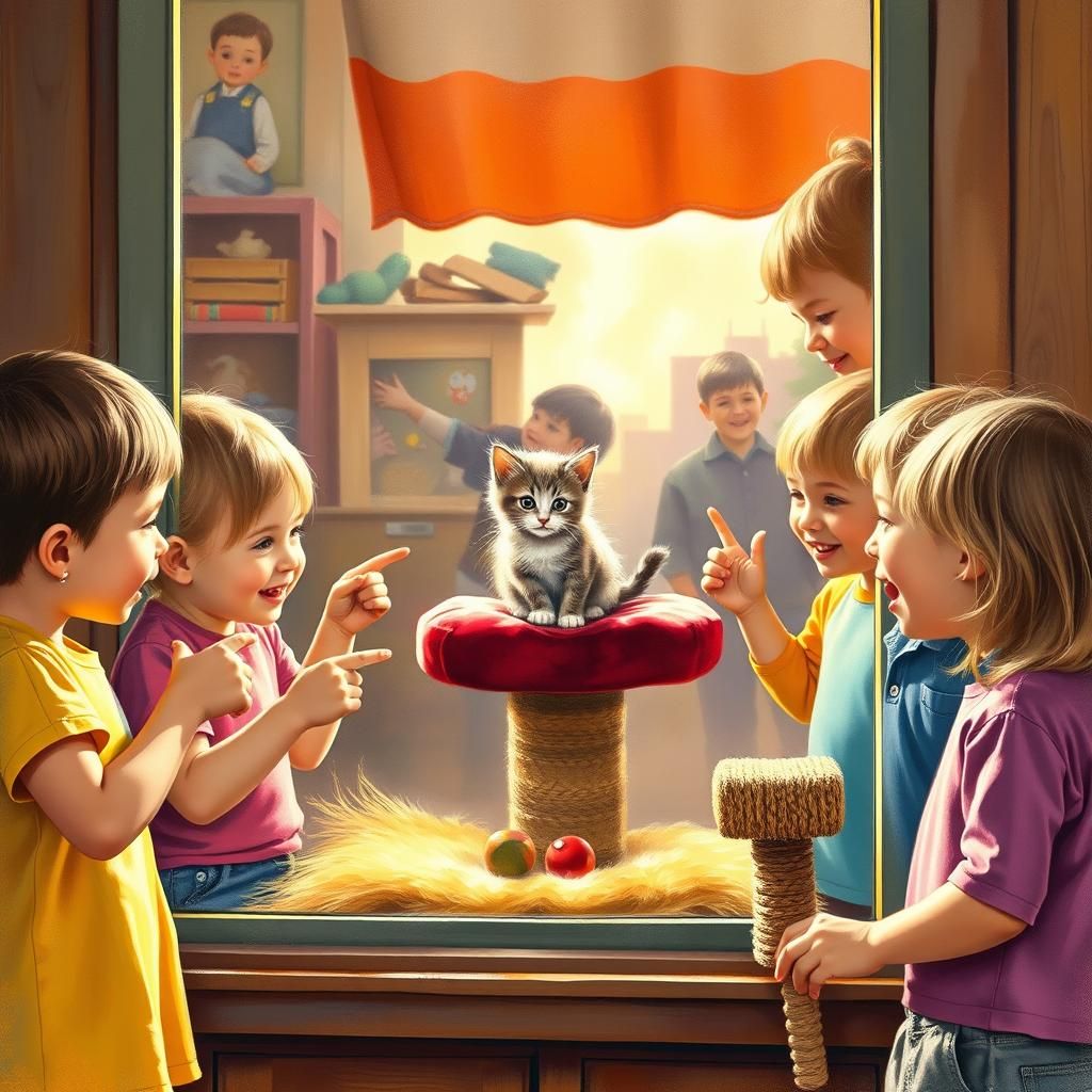 Children Gaze at Kitten in Pet Store Window