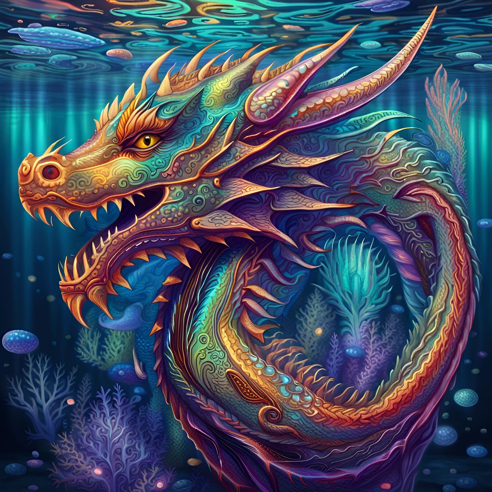 Holographic Underwater Dragon in Vibrant Colors