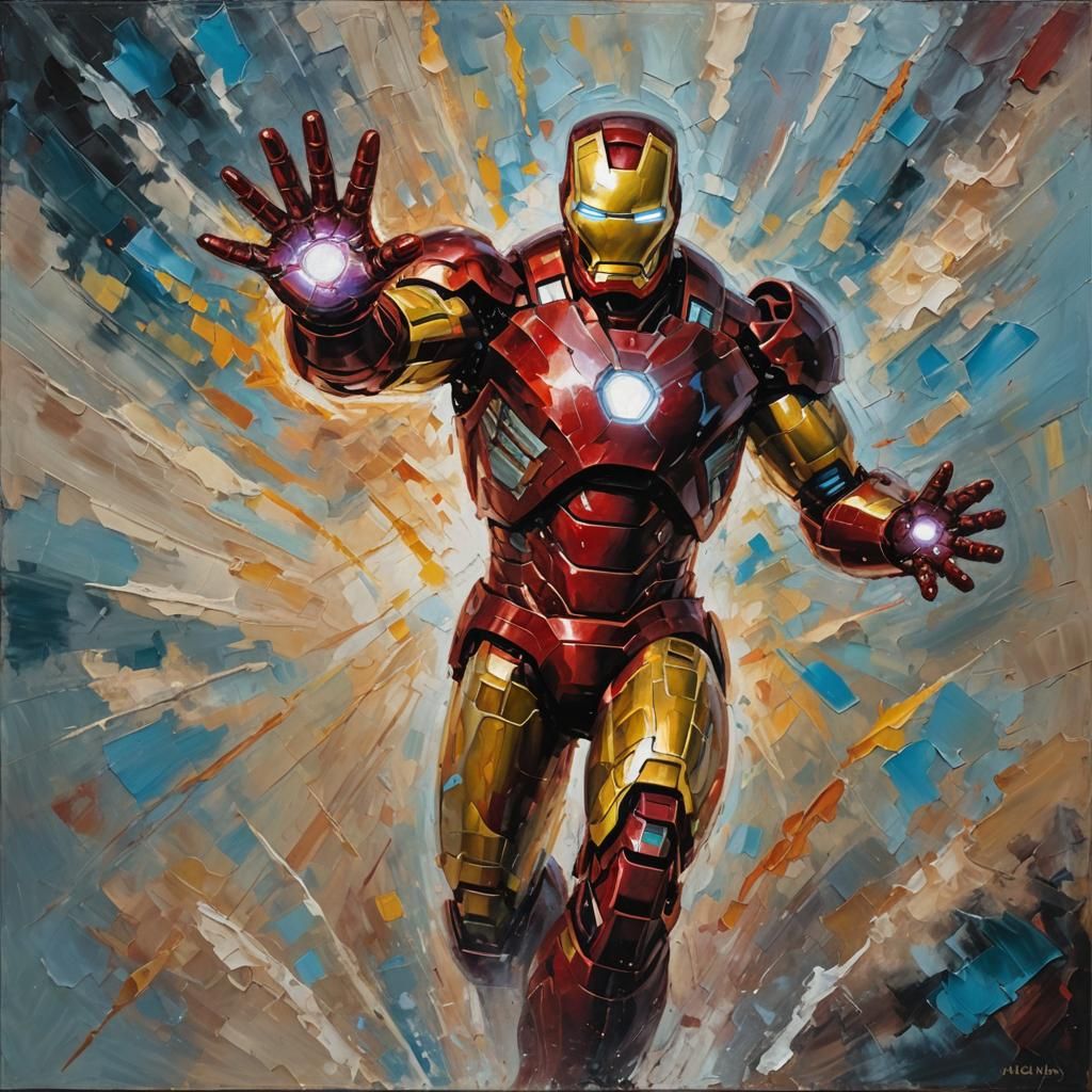 Iron Man Unleashes Power: An Impasto Oil Painting