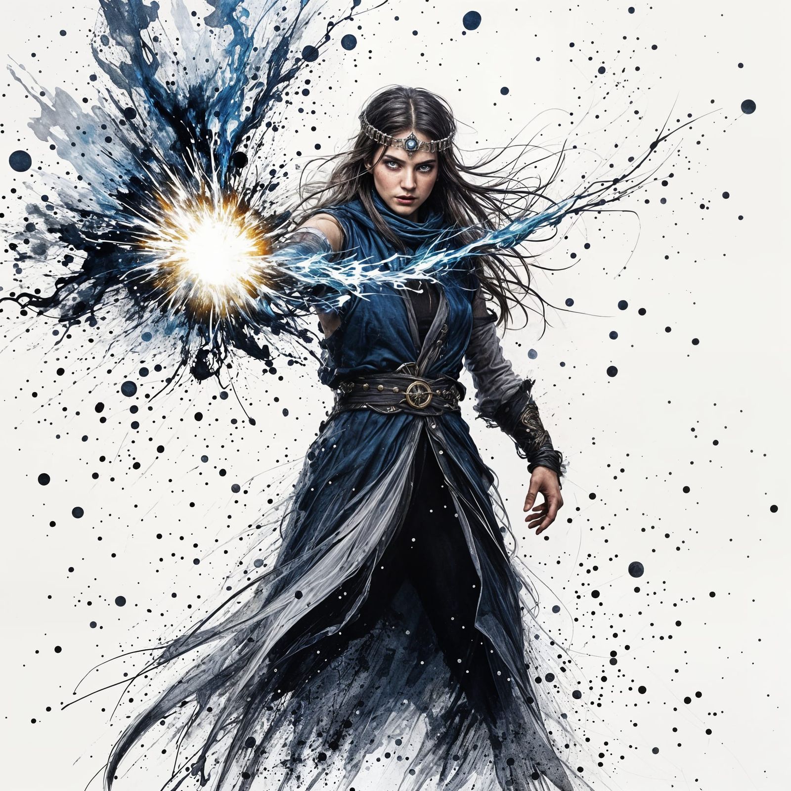 Sorceress Unleashing Spell in Dynamic Mixed Media Style