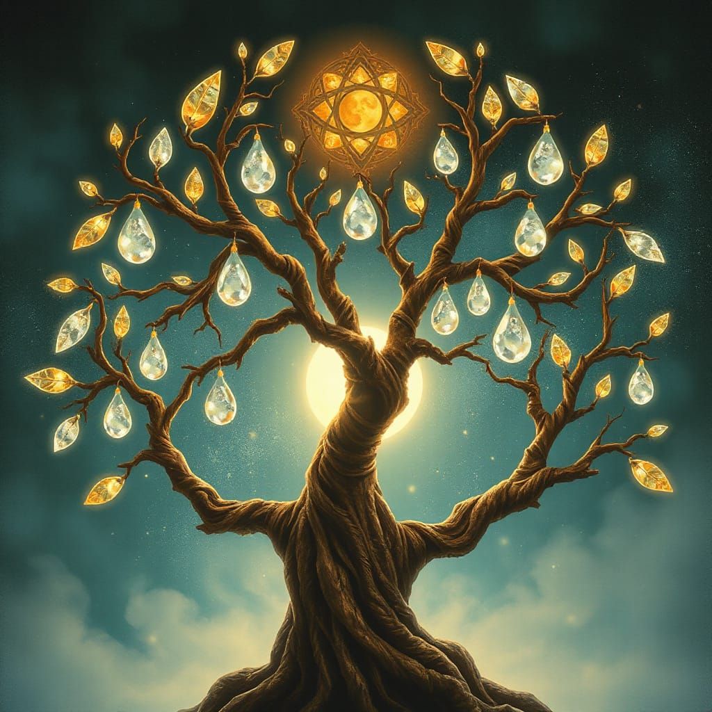 Glowing Celtic Tree of Life with Crystal Raindrops