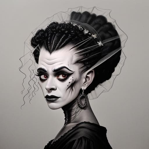 Glamour Portrait of Bride of Frankenstein as Charcoal Art