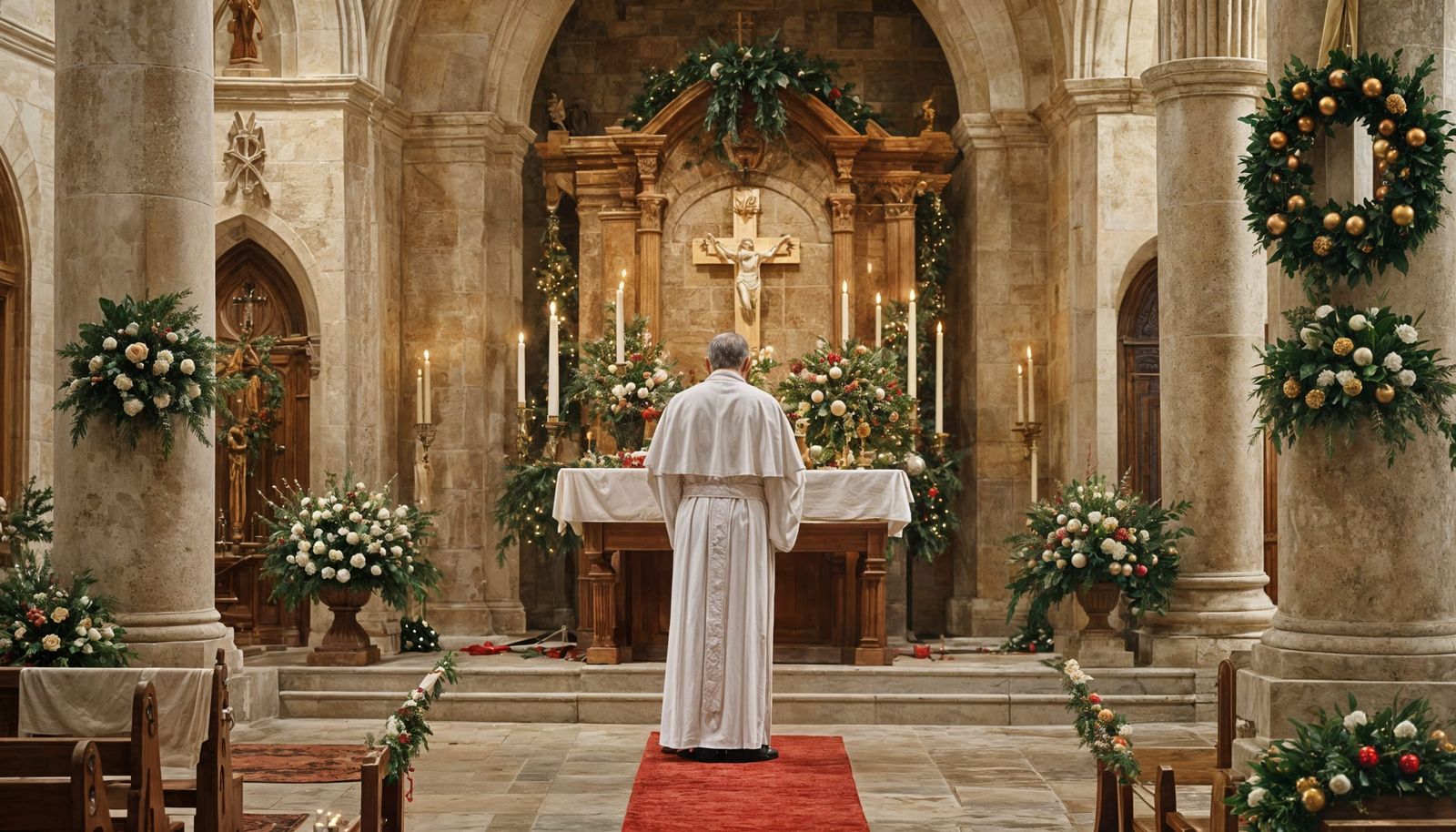 Cozy Christmas Church Interior with Candlelight