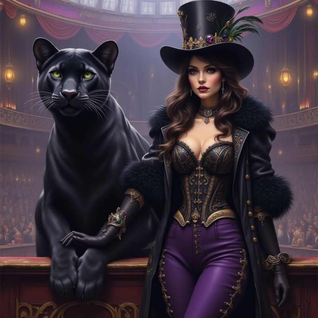 Witch Circus Ringmaster with Black Panther in Vintage Arena