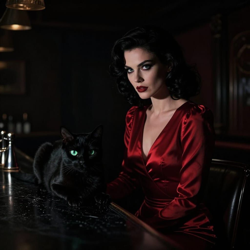 Mysterious Woman and Cat in Dimly Lit Bar