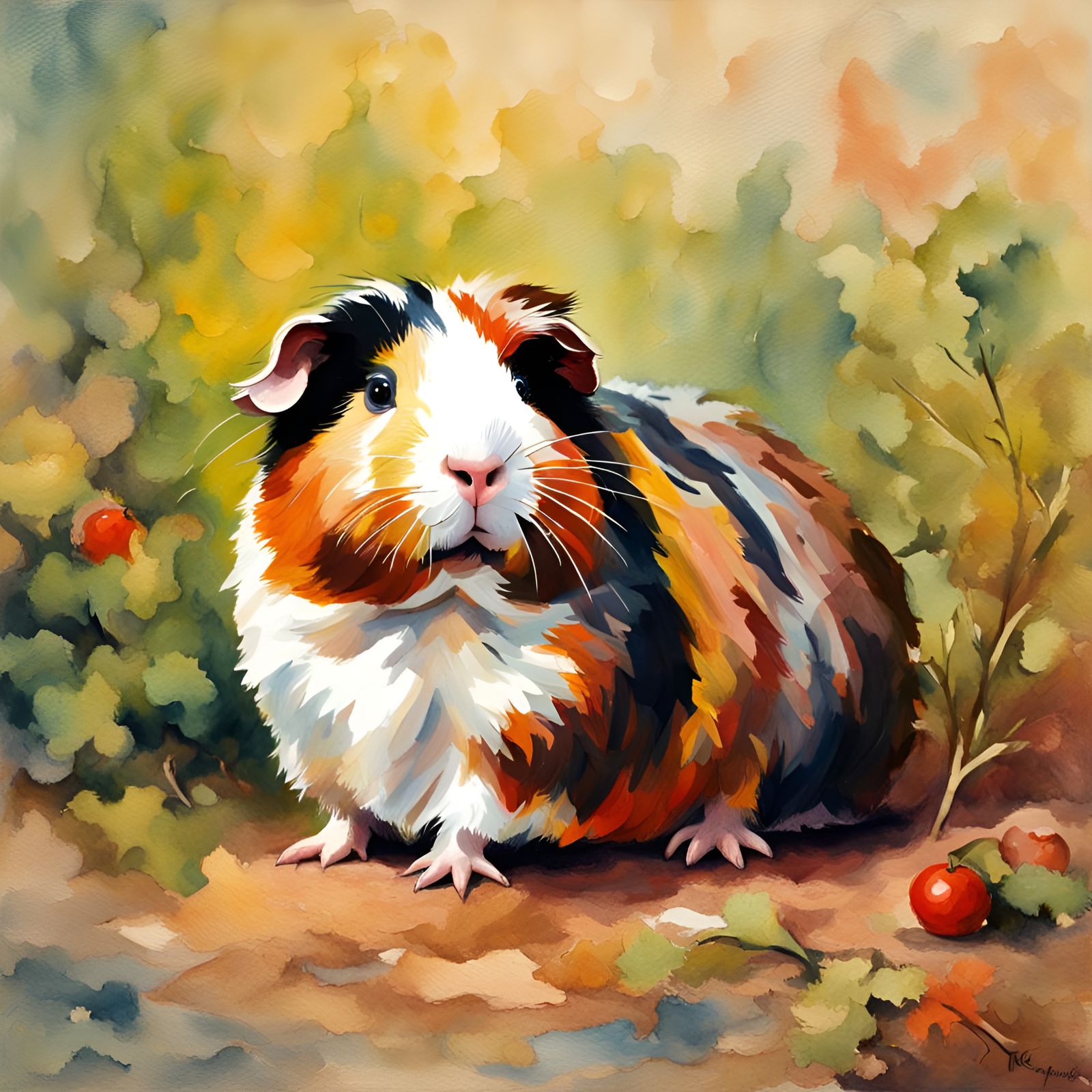 Guinea Pig in Gouache Style Watercolor Painting