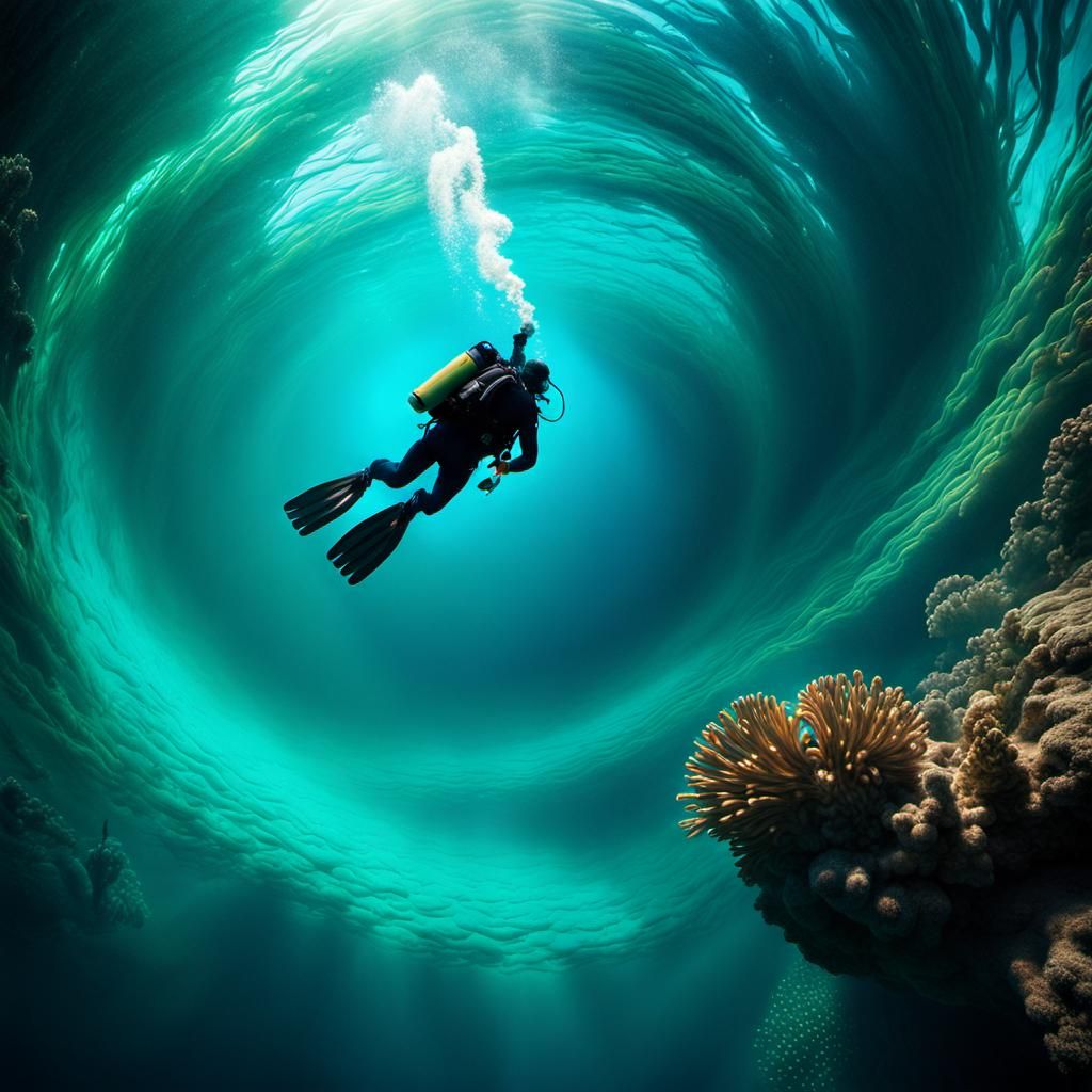 A diver hypnotized by a swirling turquoise vortex