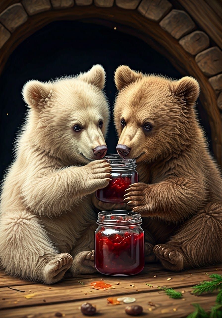 Bear Cubs Sharing Jam in Cozy Den: High Detail Photo