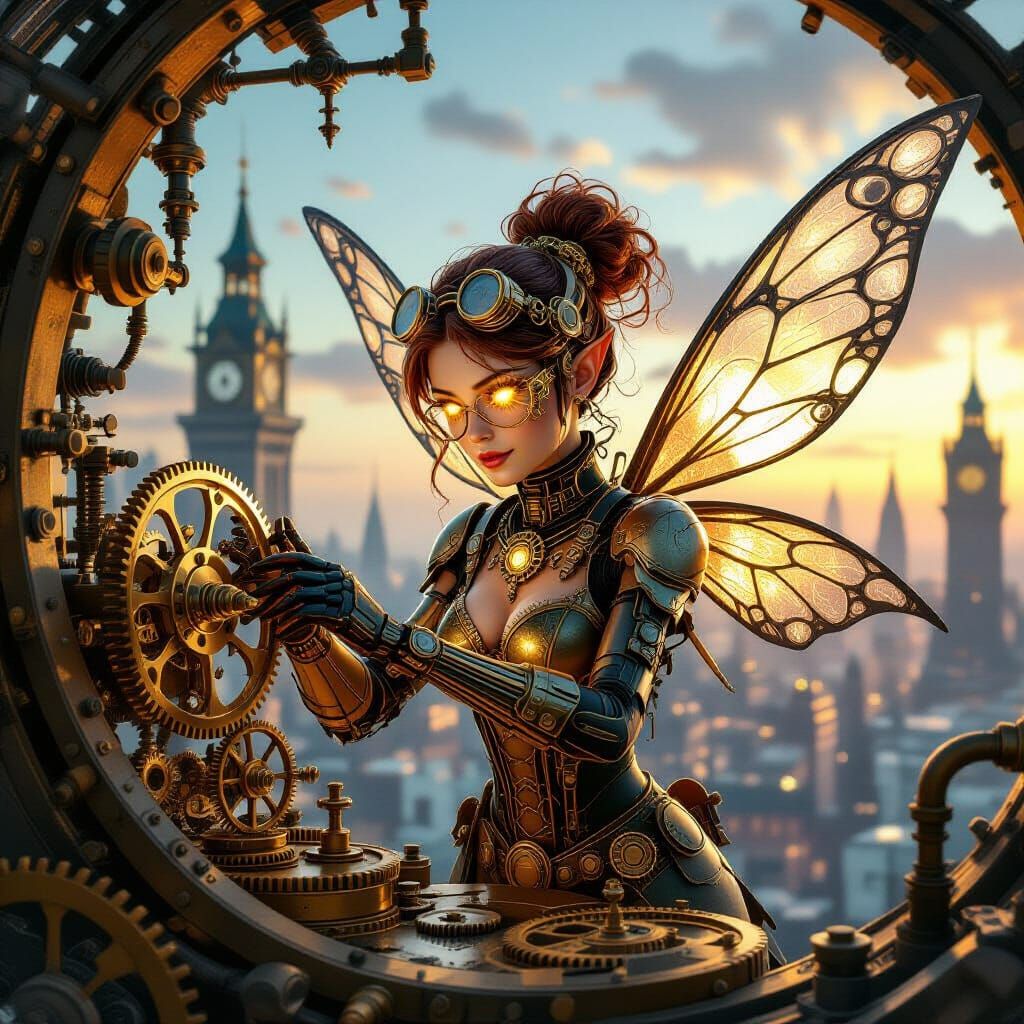 Steampunk Mechanic Fairy Repairs Clock Tower