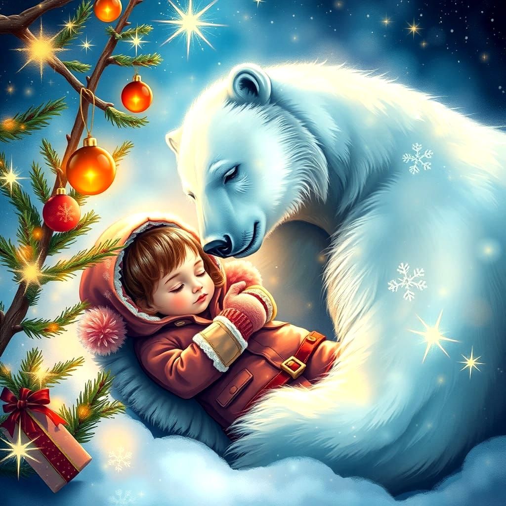 Child in cosmic embrace with a loving polar bear