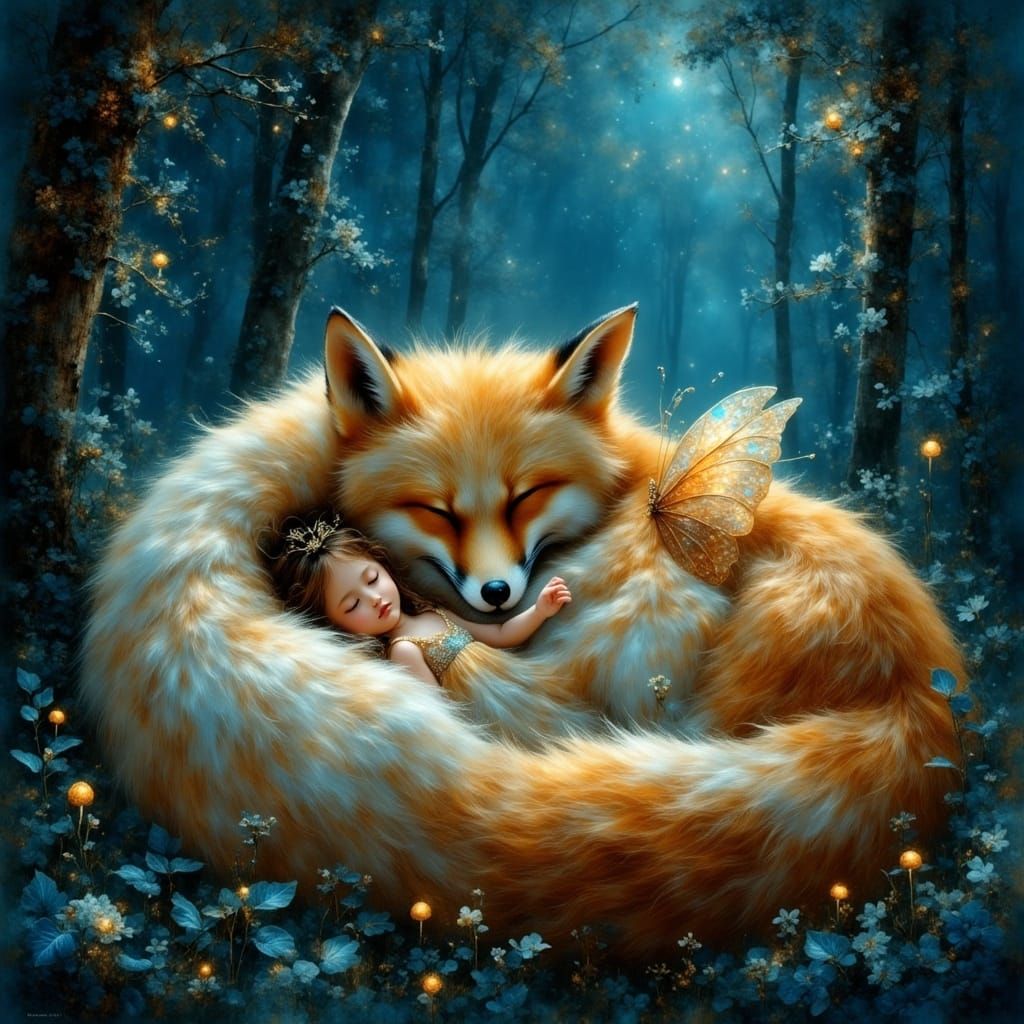 Fairy Sleeping on Magical Fox in Enchanted Forest