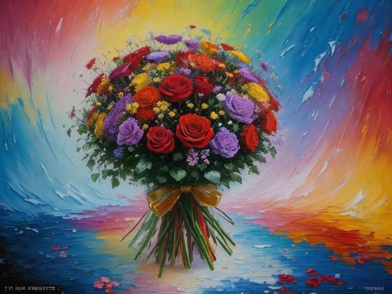 Roses Bouquet in Expressionist Impasto Style