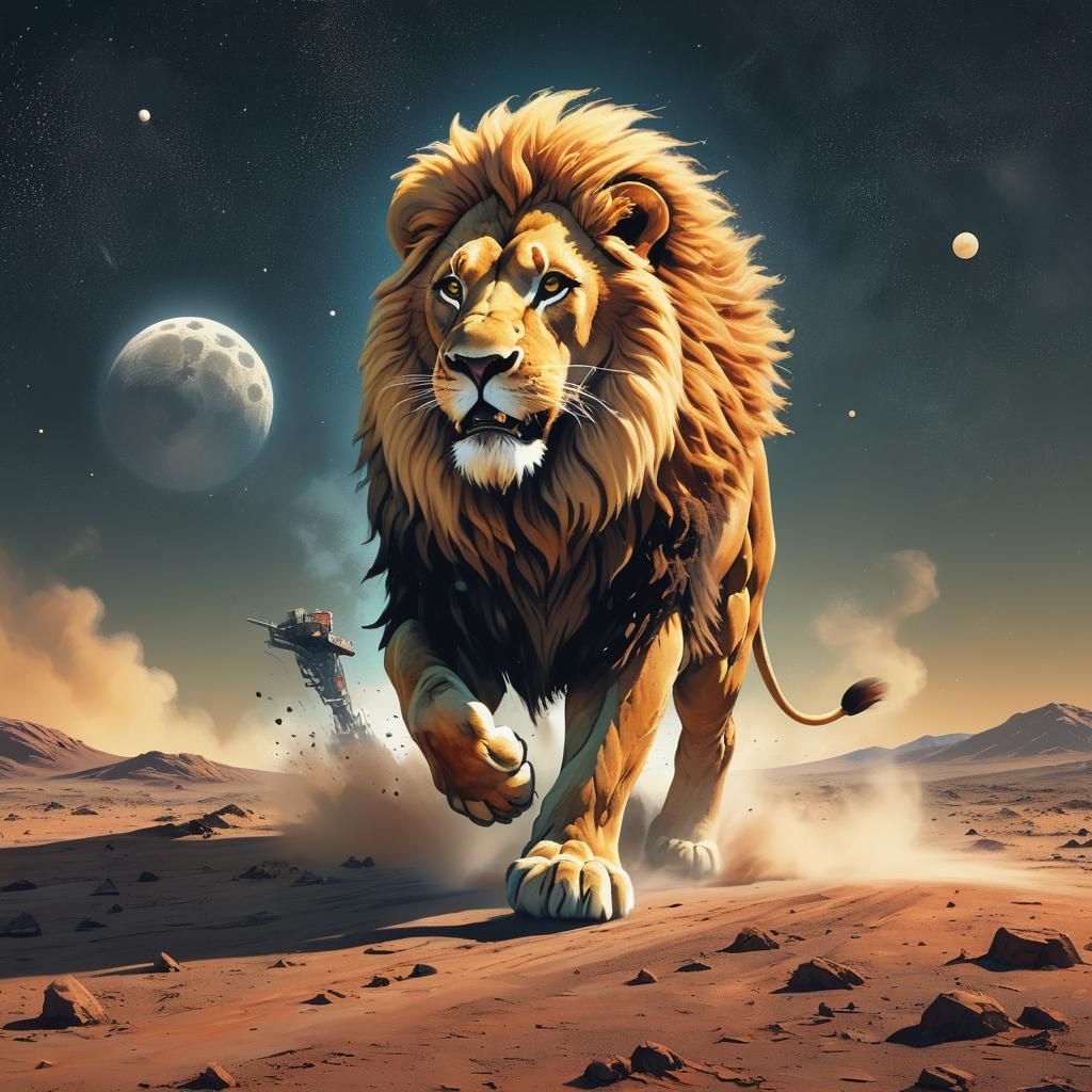 Lion's Lunar Run: Sci-Fi Wildlife Digital Art